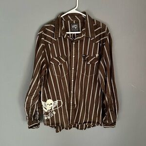 Southern Threads Shirt Mens XL Floral Western Skull Brown Pearl Snap Rockabilly